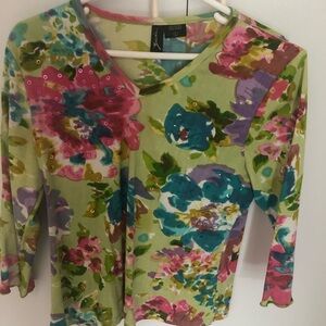 Zashi Women’s Floral Green Beaded Sequin Embellished Blouse Shirt Top Size L